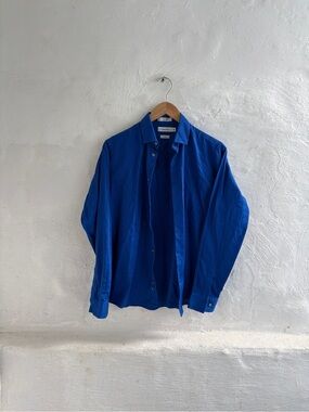 Calvin Klein Button Up Shirt blue Sateen Cotton Long Sleeve